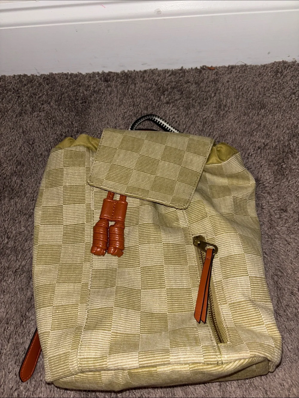 Canvas Checkered Men’s Backpack in Beige with Brown Trim